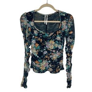 By Anthropologie Floral Long Sleeve Ruched Top size XS